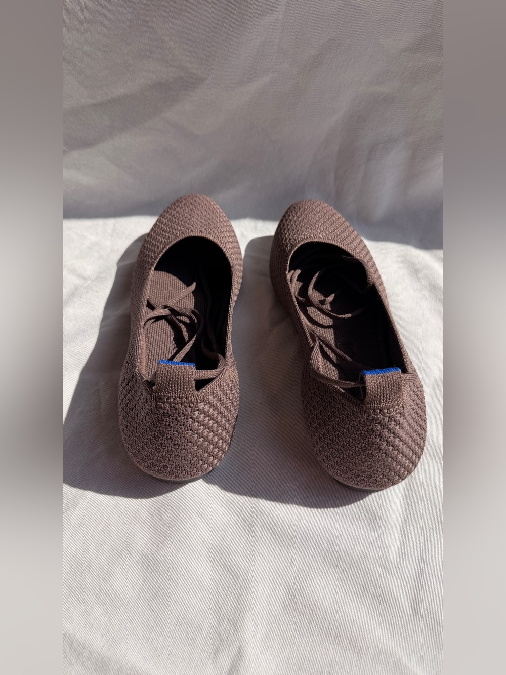 Rothy’s Maple Brown Ballet Flats Shoes Slip On Ankle Tie Square Toe Knit Mesh 7 - Picture 4 of 9